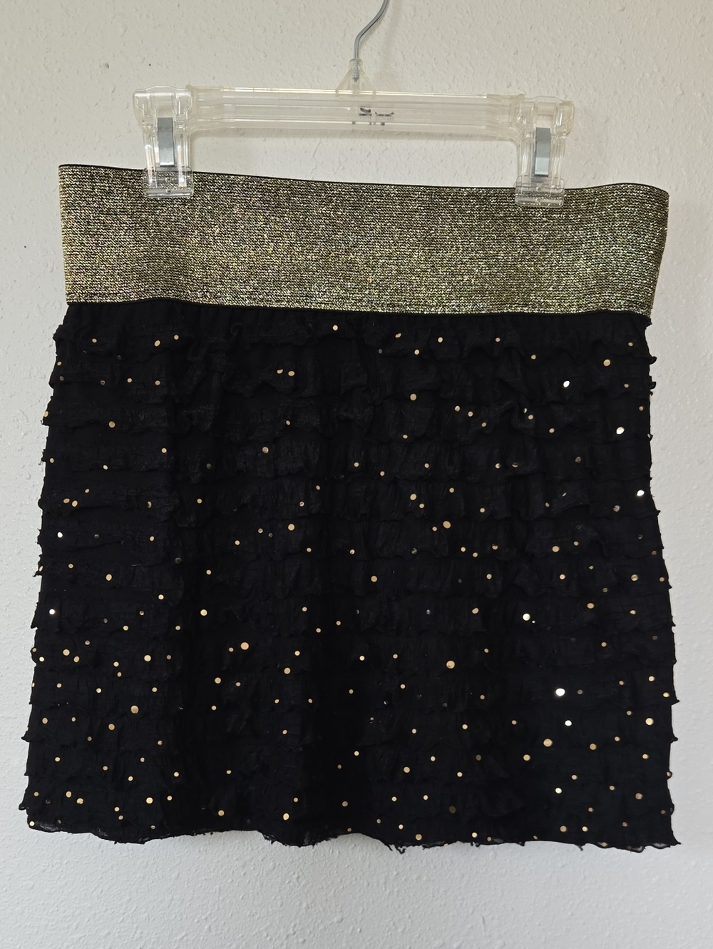XOXO Black Ruffled Mini Skirt with Gold Metallic Waistband